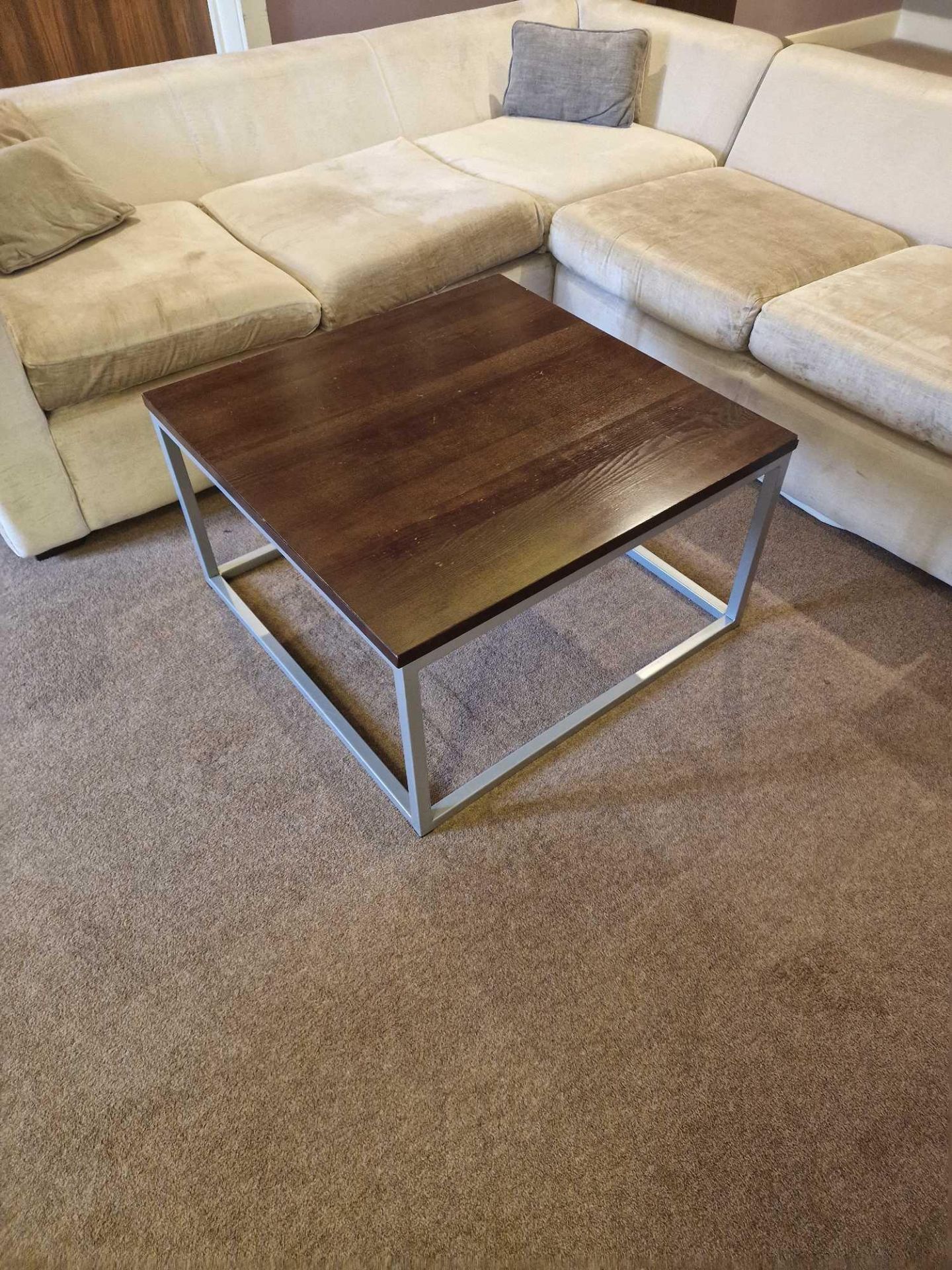 A wood top metal frame coffee table 80 x 80 x 45cm ( Location : 114)