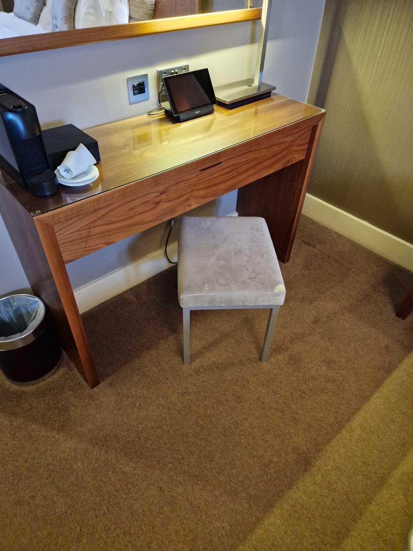 Console table with single drawer finished in oak stained cherrywood waterfall style design 120 x