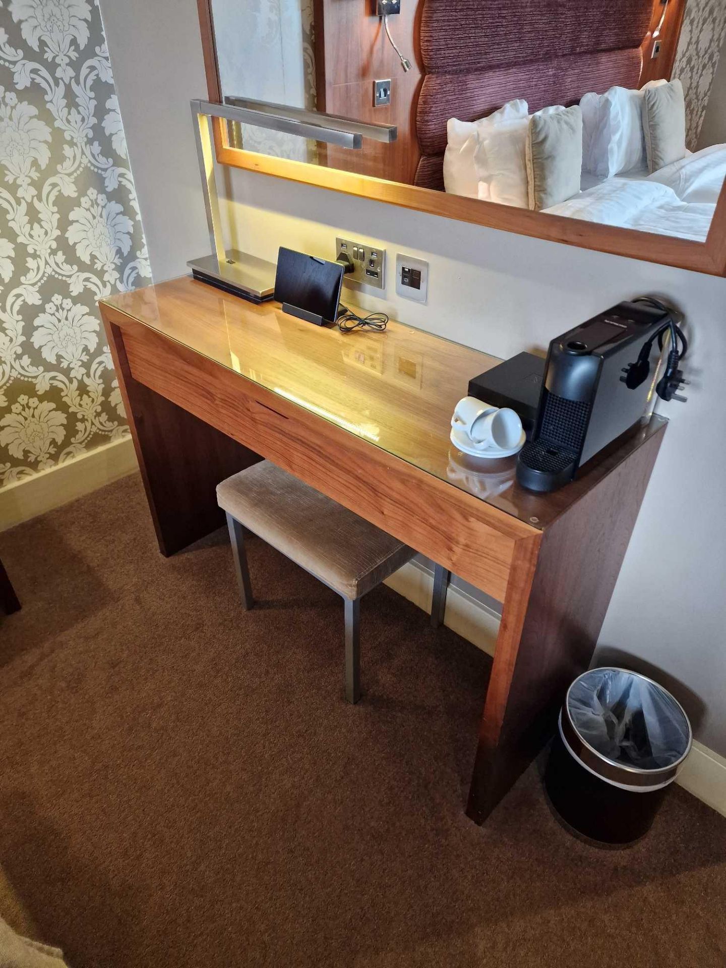 Console table with single drawer finished in oak stained cherrywood waterfall style design 120 x