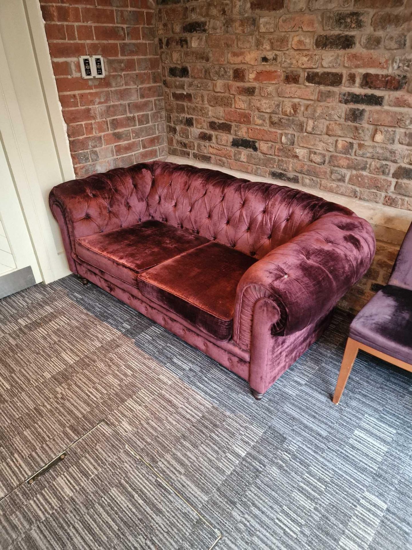 A pair of Chesterfield style fabric sofas with classic rolled arms and tufted profile upholstered in - Image 3 of 4