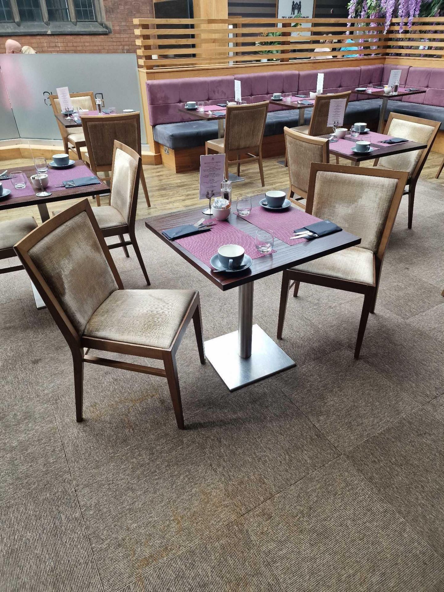 2 x Restaurant dining table dark wenge top mounted on stainless steel pedestal to square base