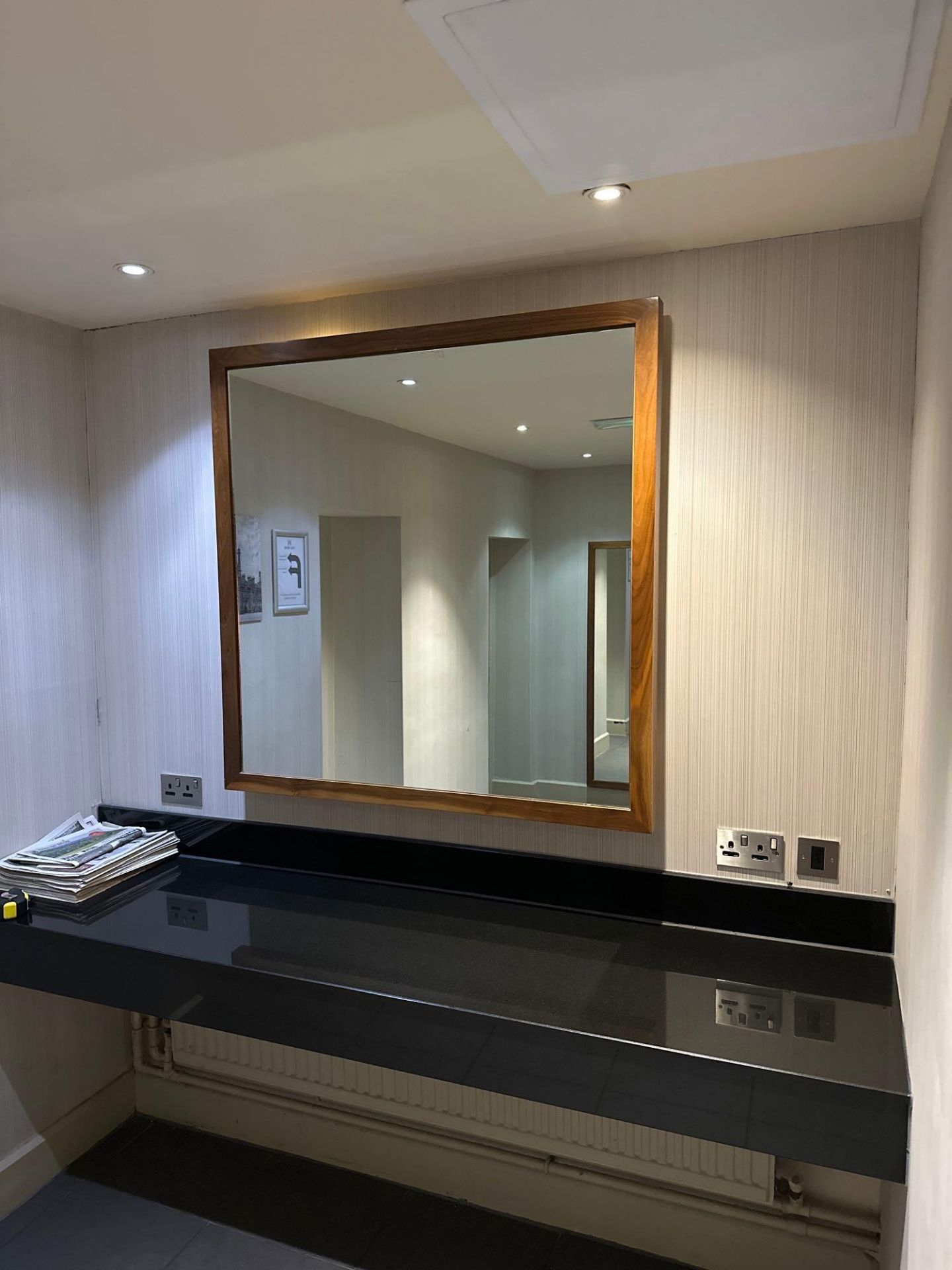 Wooden framed accent mirror 120 x 120cm ( Location: mens locker room ) - Image 2 of 2