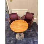2 x upholstered tub chairs 60 x 60 x 76 complete with a pedestal table 60 x 74cm ( Location: meeting