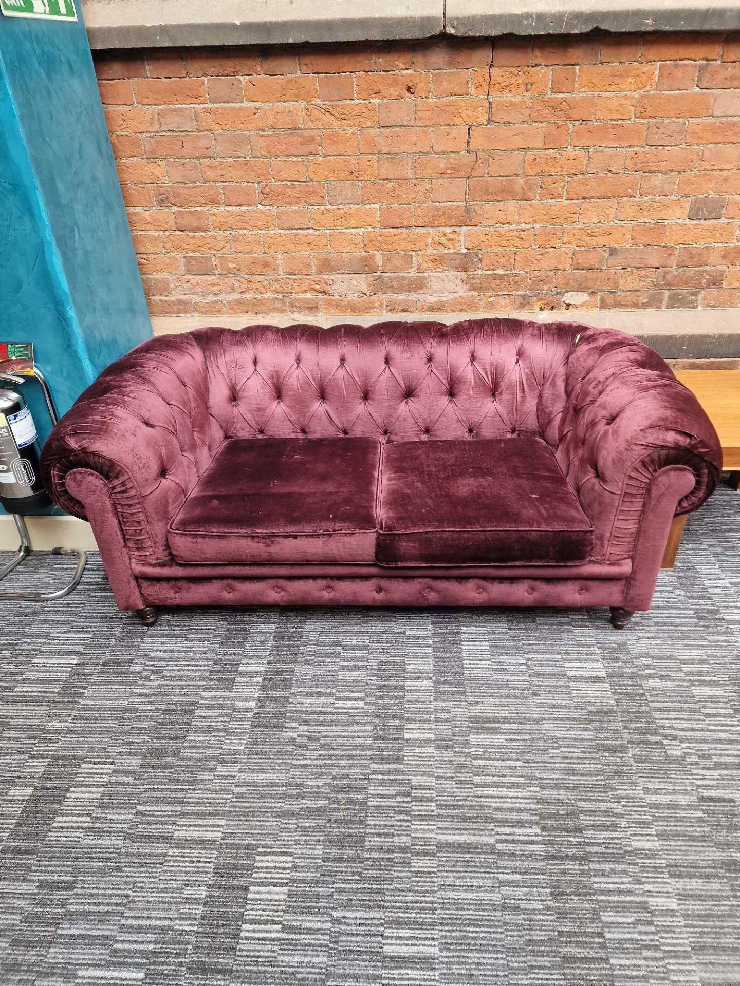 A pair of Chesterfield style fabric sofas with classic rolled arms and tufted profile upholstered in - Image 2 of 4