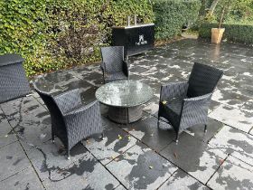 Bistro Rattan Set Round Rattan Coffee Table 95 x 45cm and 3 x Rattan Arm Chairs ( Location: Garden)