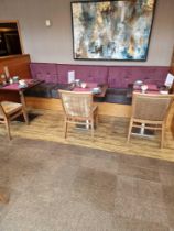 Banquette seating straight run n a mauve and grey upholstered suede effect fabric seats