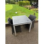 Varaschin Outdoor Square Dining Table Wooden Top Metal Frame 80 x 80 x 75cm complete With Two Rattan