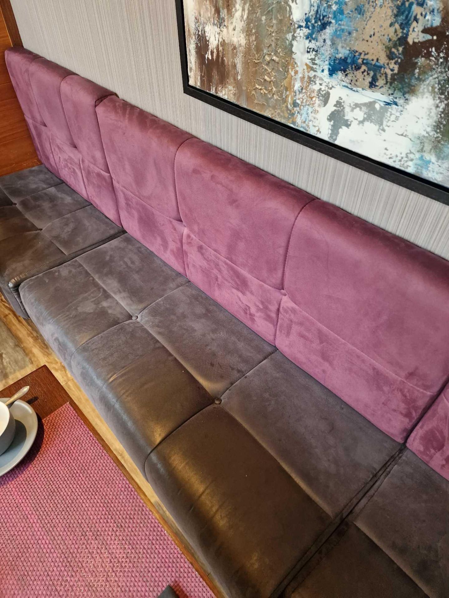 Banquette seating straight run n a mauve and grey upholstered suede effect fabric seats - Image 2 of 2