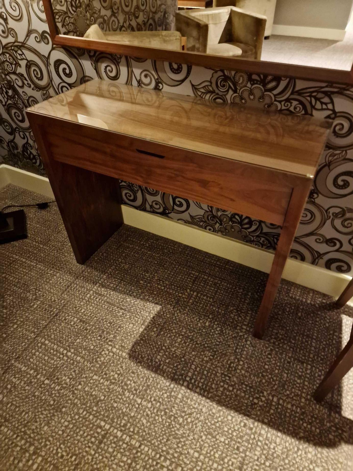 Console table with single drawer finished in oak stained cherrywood waterfall style design 120 x