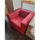 A set of 2 x Tuxedo style club chairs upholstered in a contract red fabric with fixed back and