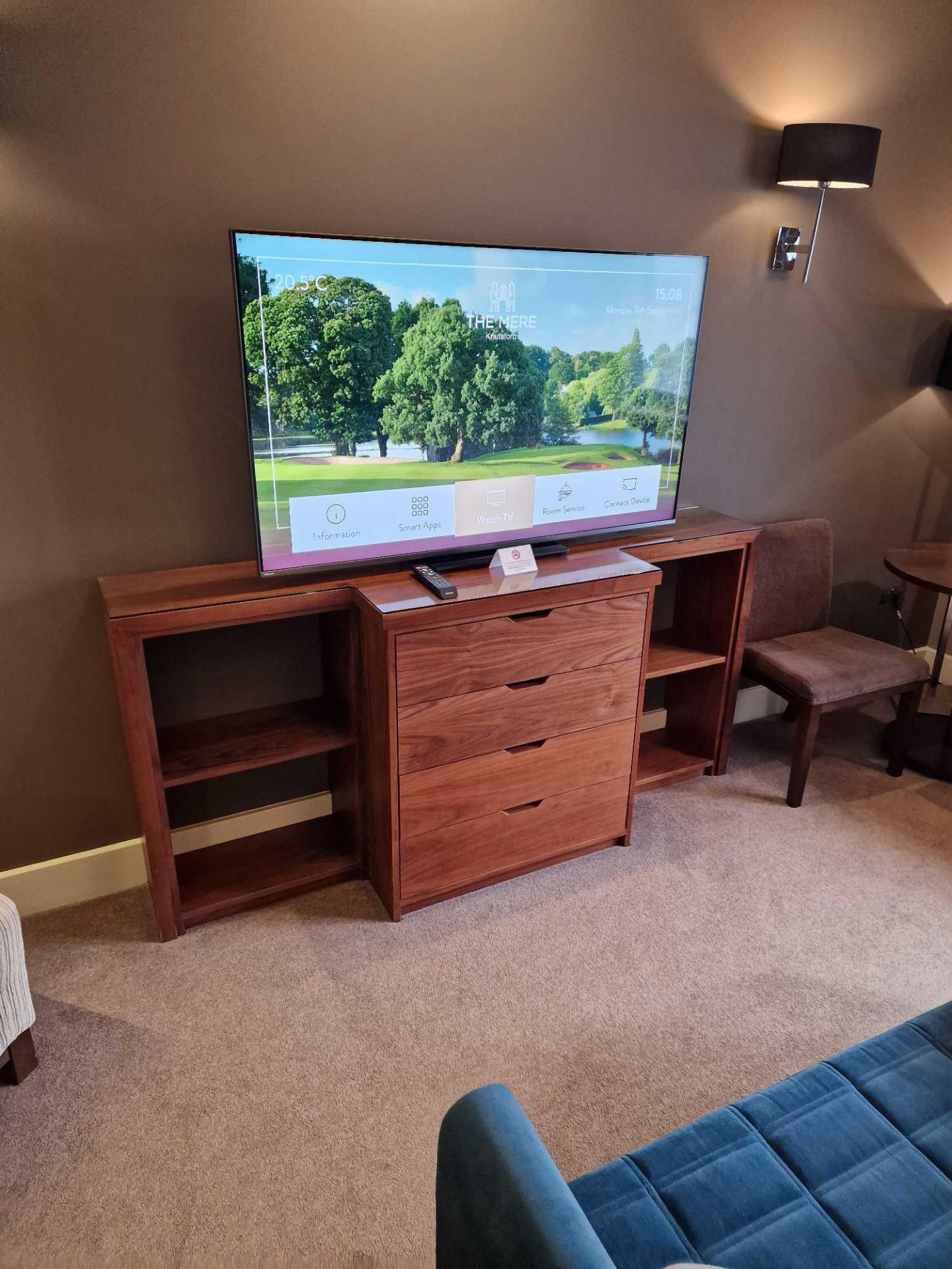 A breakfront cherrywood oak finish four drawer console dresser with glass protective top 190 x 50