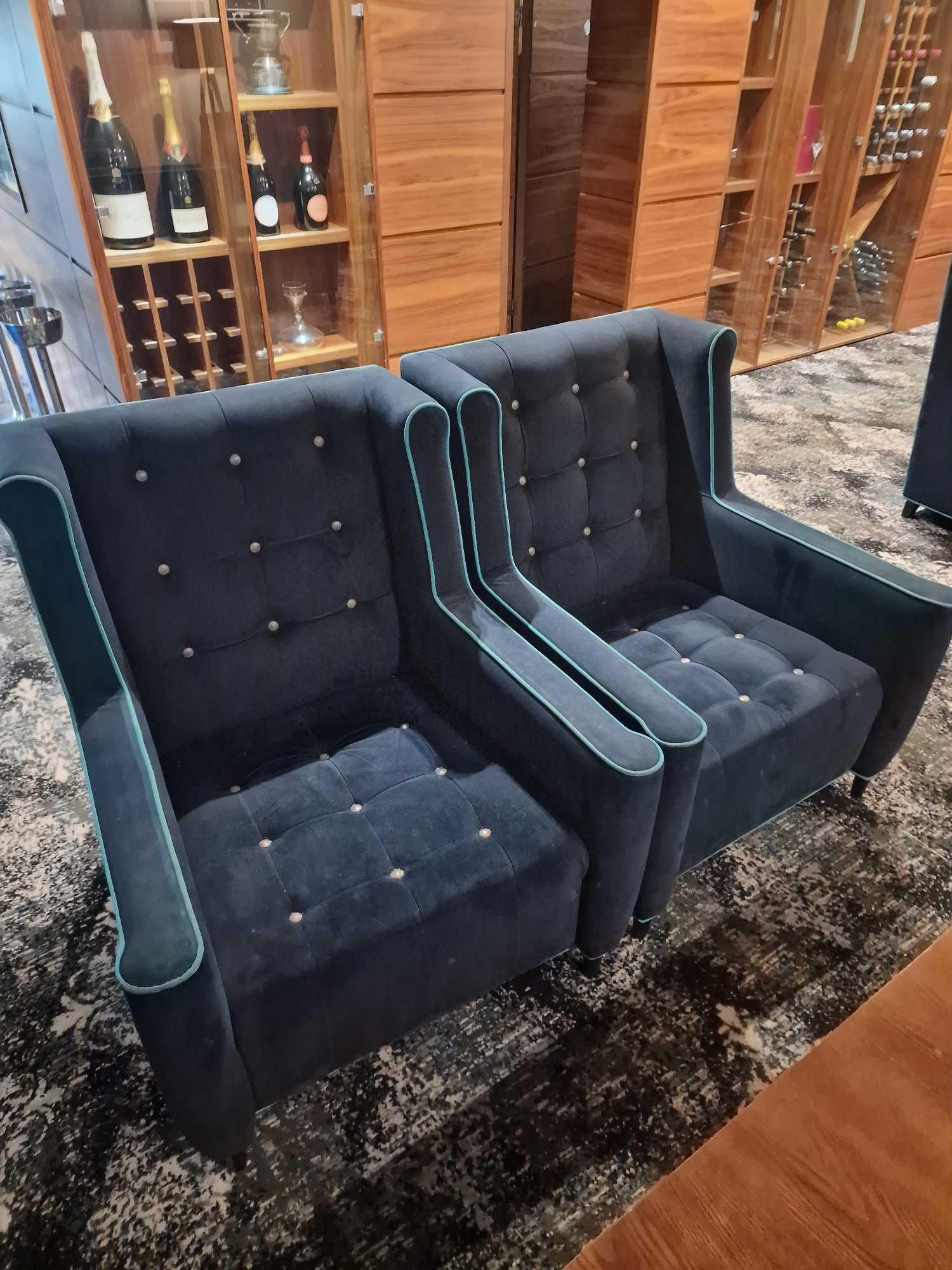 A pair of Design 79 contemporary wing back upholstered blue velvet with buttons chair 86cm pitch x - Image 2 of 2