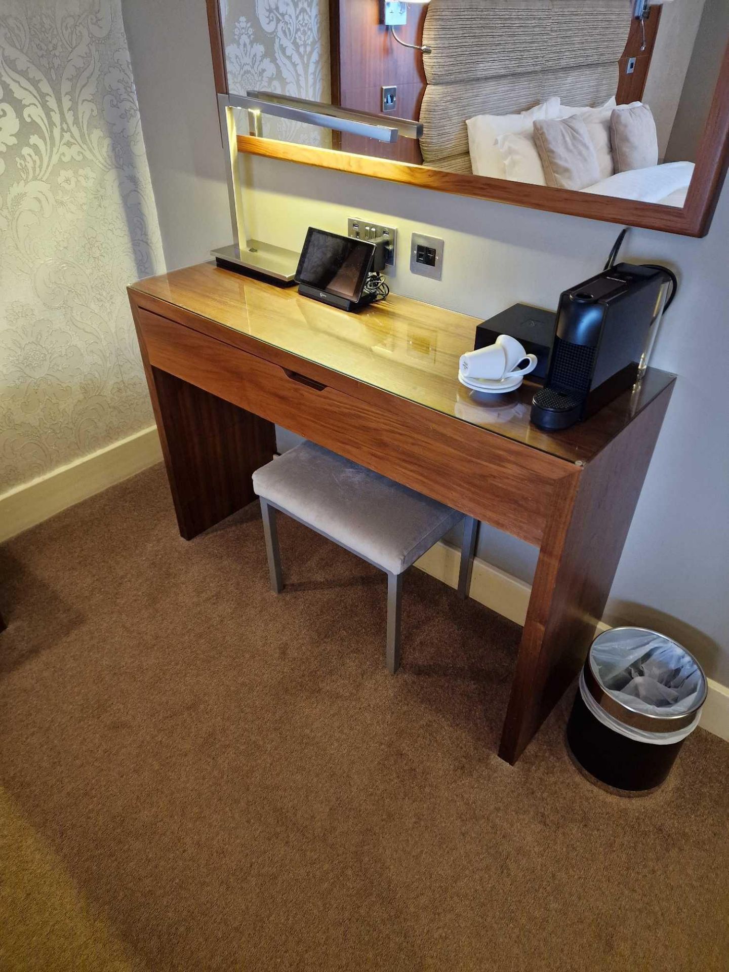 Console table with single drawer finished in oak stained cherrywood waterfall style design 120 x