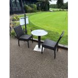 Varaschin Outdoor Round Rattan Table And Two Chairs. Table Has A Metal Base Rotten Stem And Wood