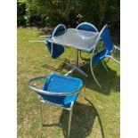 Metal Outdoor Dining Set With Matching Chairs, Blue Seat Pads. (Hermitage Room )