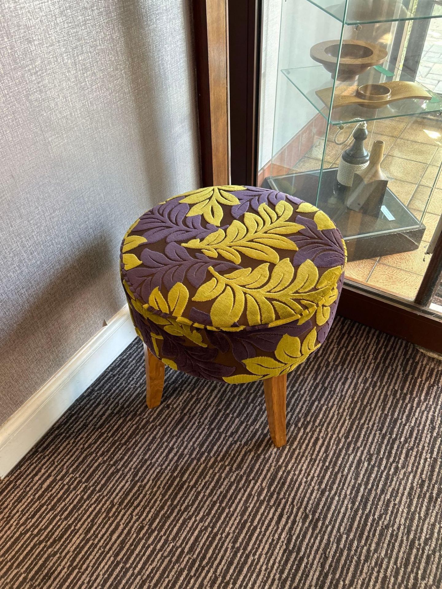 Pair Of Fabric Covered Stool/Pouffes With A Plumb And Gold Leaf Patterned Fabric.