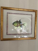 Print of fish drawn on paper in gold frame