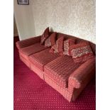 Three Seater Sofa In A Burgundy And Gold Patterned Fabric. Handmade By Sofa Smiths Of Romsey.