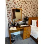 Contents of guest bedroom number 1 at the Brookfield Hotel. Darkwood bedroom desk with 3 drawers and