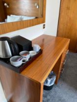 Contents of guest bedroom number 4 at the Brookfield Hotel. Darkwood bedroom desk with 3 drawers and