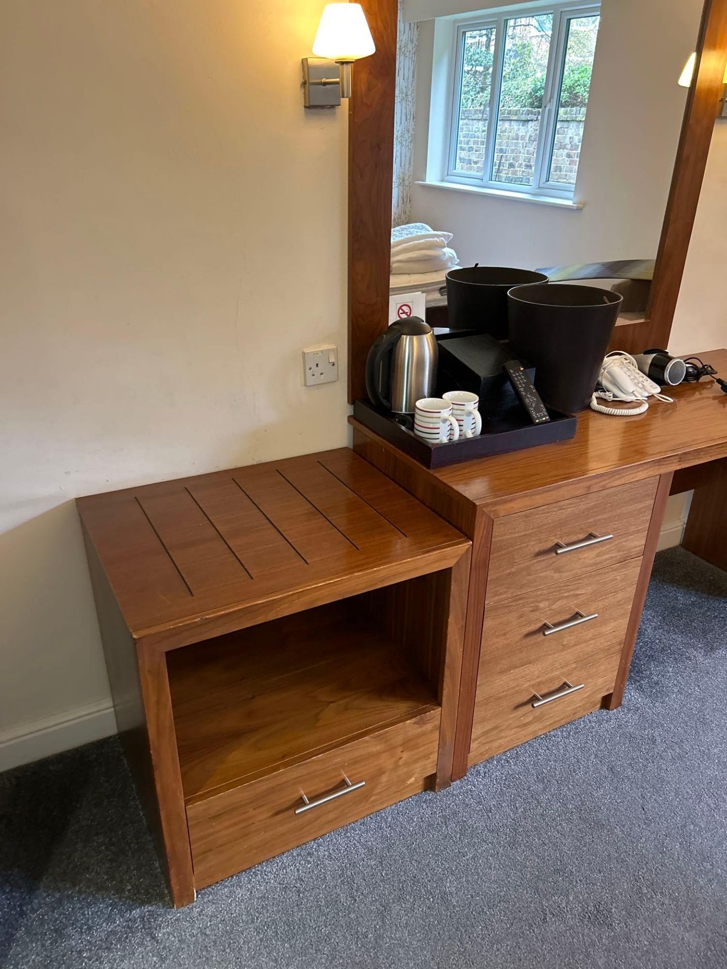 Contents of guest bedroom number 26 at the Brookfield Hotel. Darkwood bedroom desk with 3 drawers - Image 4 of 6