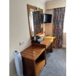 Contents of guest bedroom number 30 at the Brookfield Hotel. Darkwood bedroom desk with 3 drawers