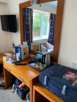 Contents of guest bedroom number 21 at the Brookfield Hotel. Darkwood bedroom desk with 3 drawers