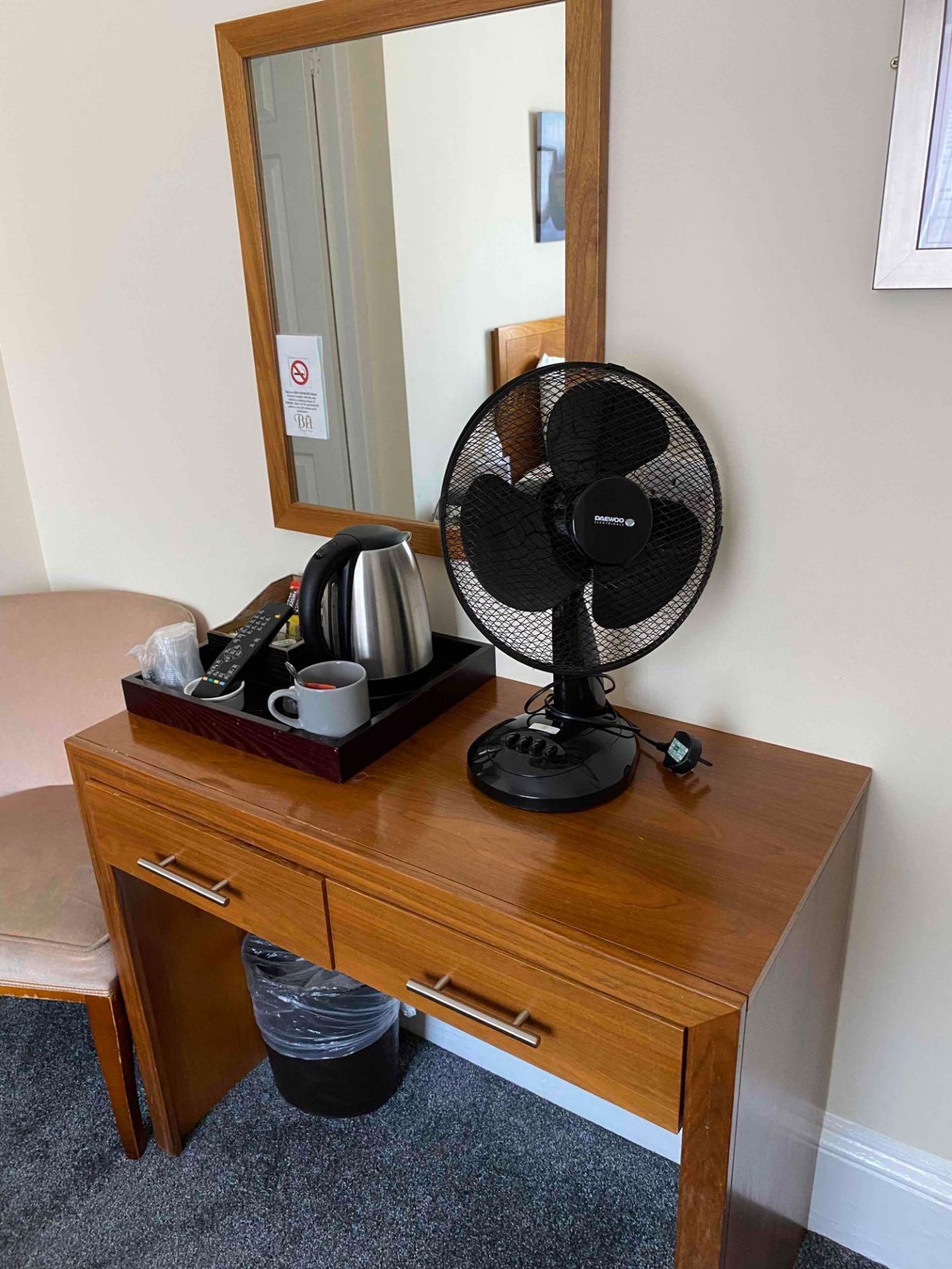 Contents of guest bedroom number 2 at the Brookfield Hotel. Darkwood bedroom desk with 3 drawers and - Image 2 of 3