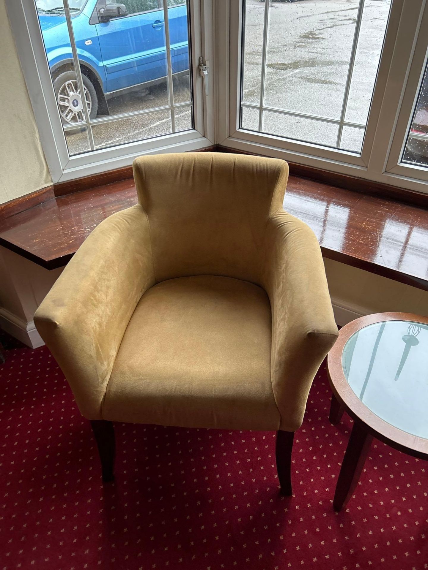 Pair Of Gold Fabric Occasional Chairs With A Glazed Wooden Occasional Table. - Image 2 of 4