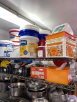 Large selection of plastic storage tubs, containers and buckets.