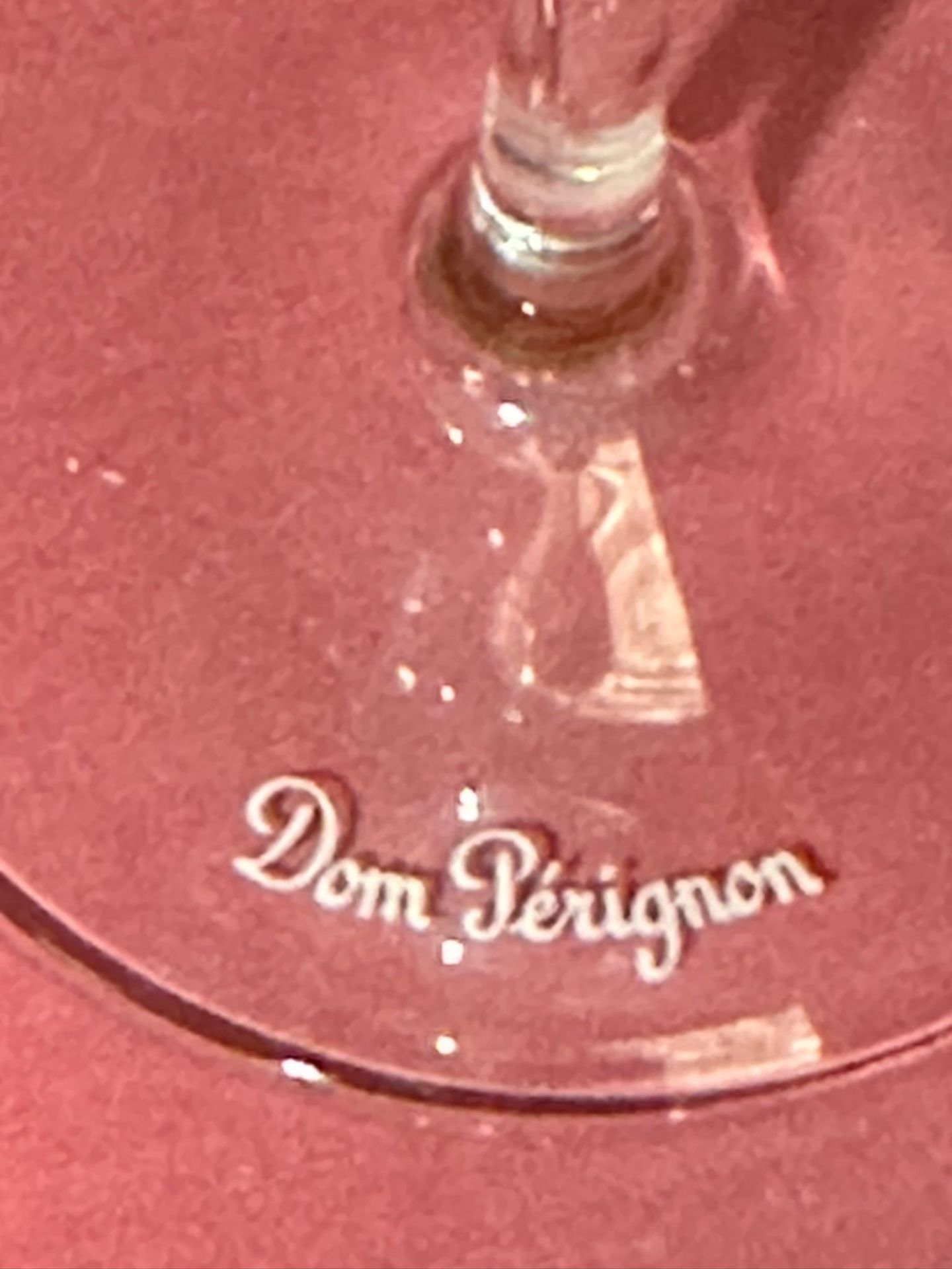 6 DOM PERIGNON champagne glasses, flutes in original box. name on foot. - Image 3 of 4
