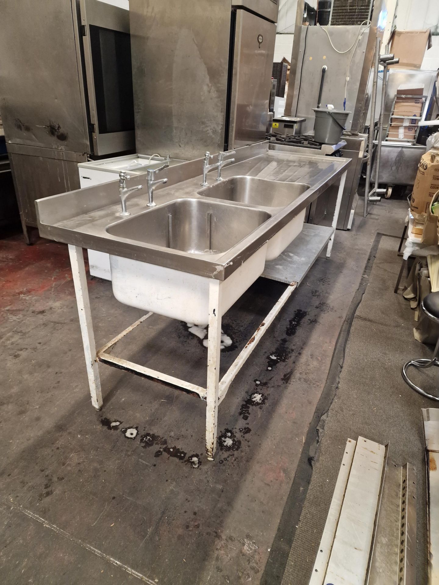 Stainless steel twin basin commercial sink with left and right hand drainer 240cm x 82cm