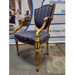 Giltwood Fauteuil In Louis XVI Style. Silk Upholstered Armchair With A Beaded And Leaf-Carved Frame,