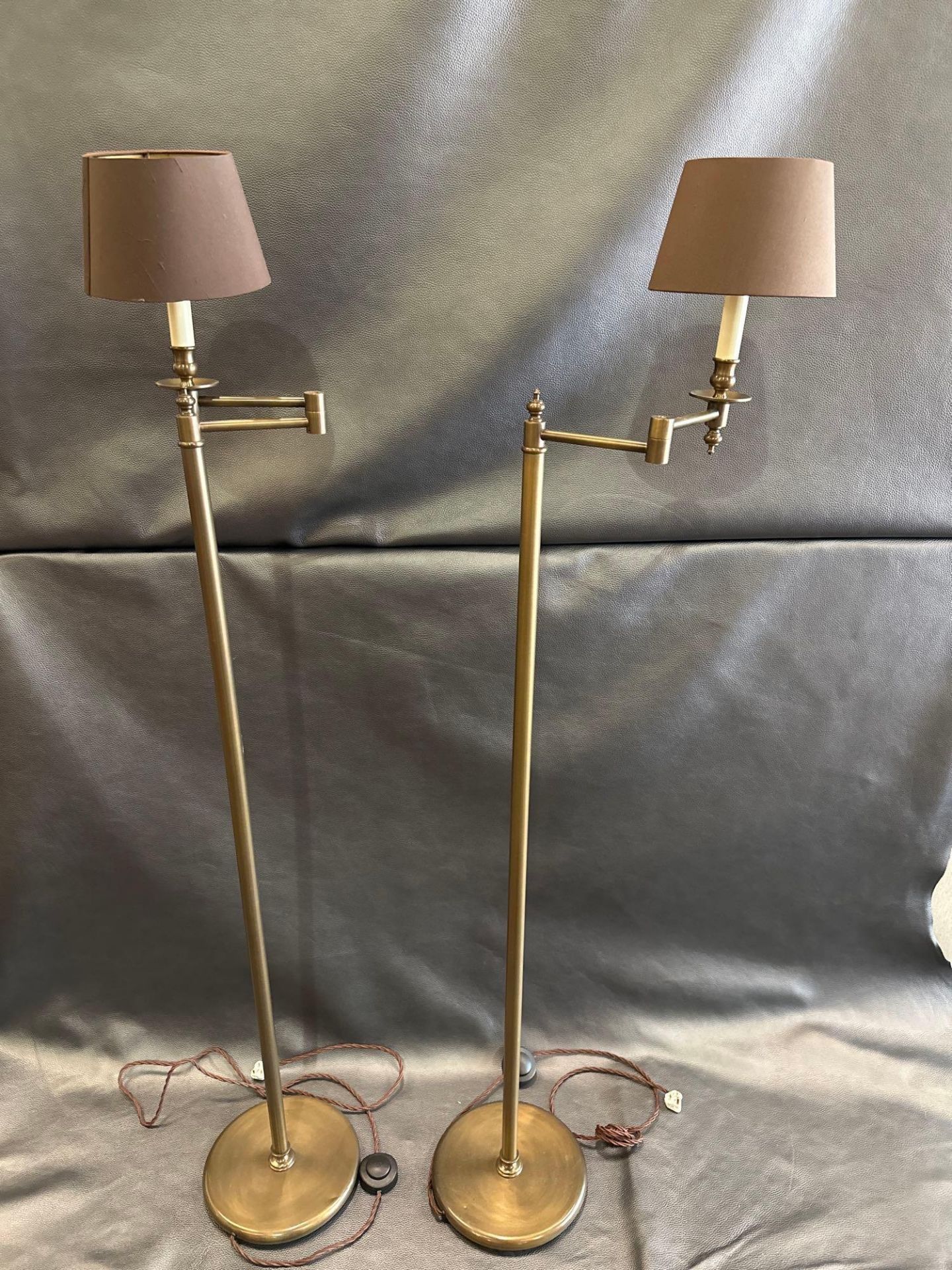 A Pair Library Floor Lamps Finished In English Bronze Swing Arm Function With Shade 156cm - Image 2 of 5