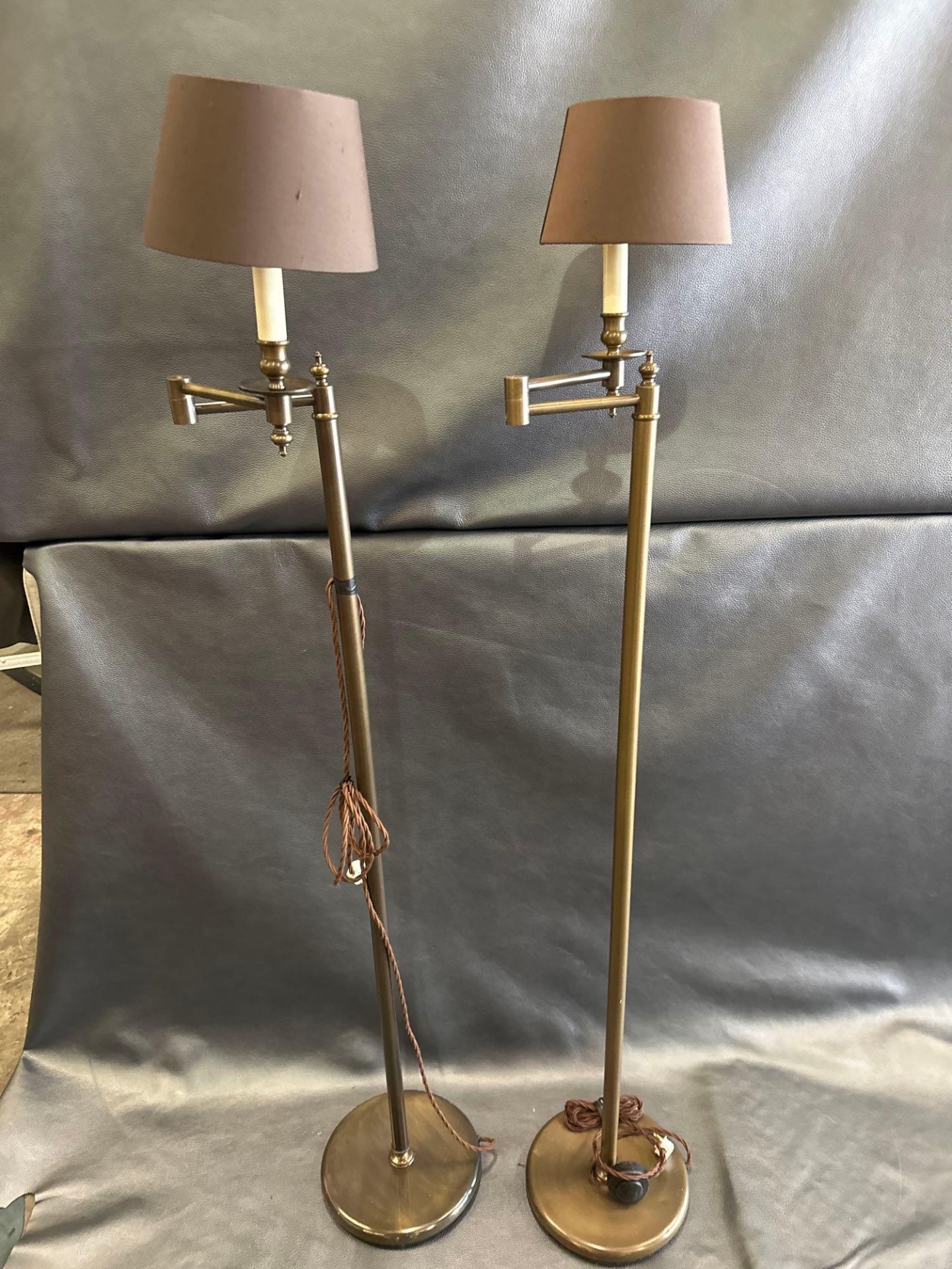 A Pair Library Floor Lamps Finished In English Bronze Swing Arm Function With Shade 156cm - Image 2 of 6