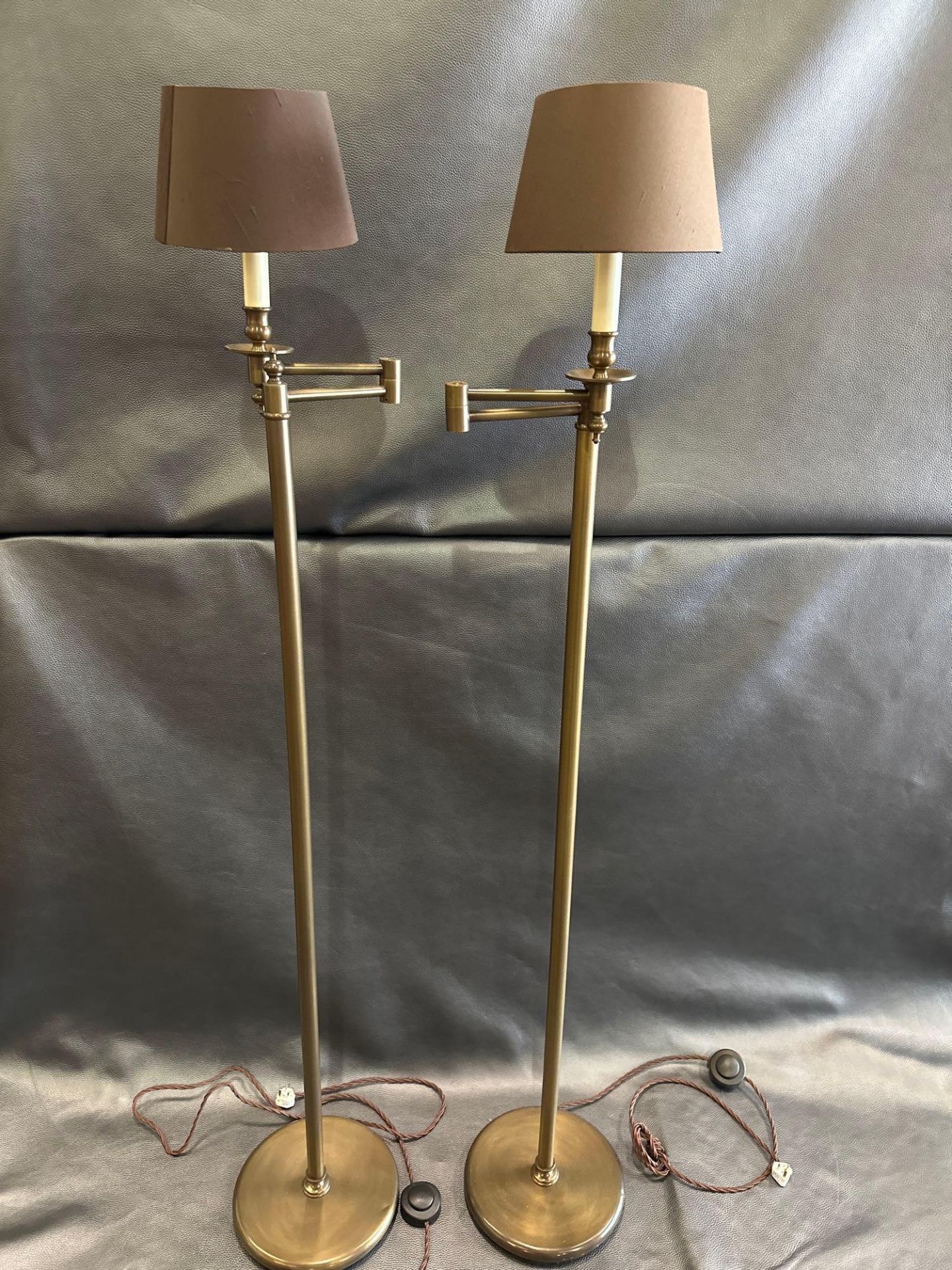 A Pair Library Floor Lamps Finished In English Bronze Swing Arm Function With Shade 156cm - Image 4 of 5