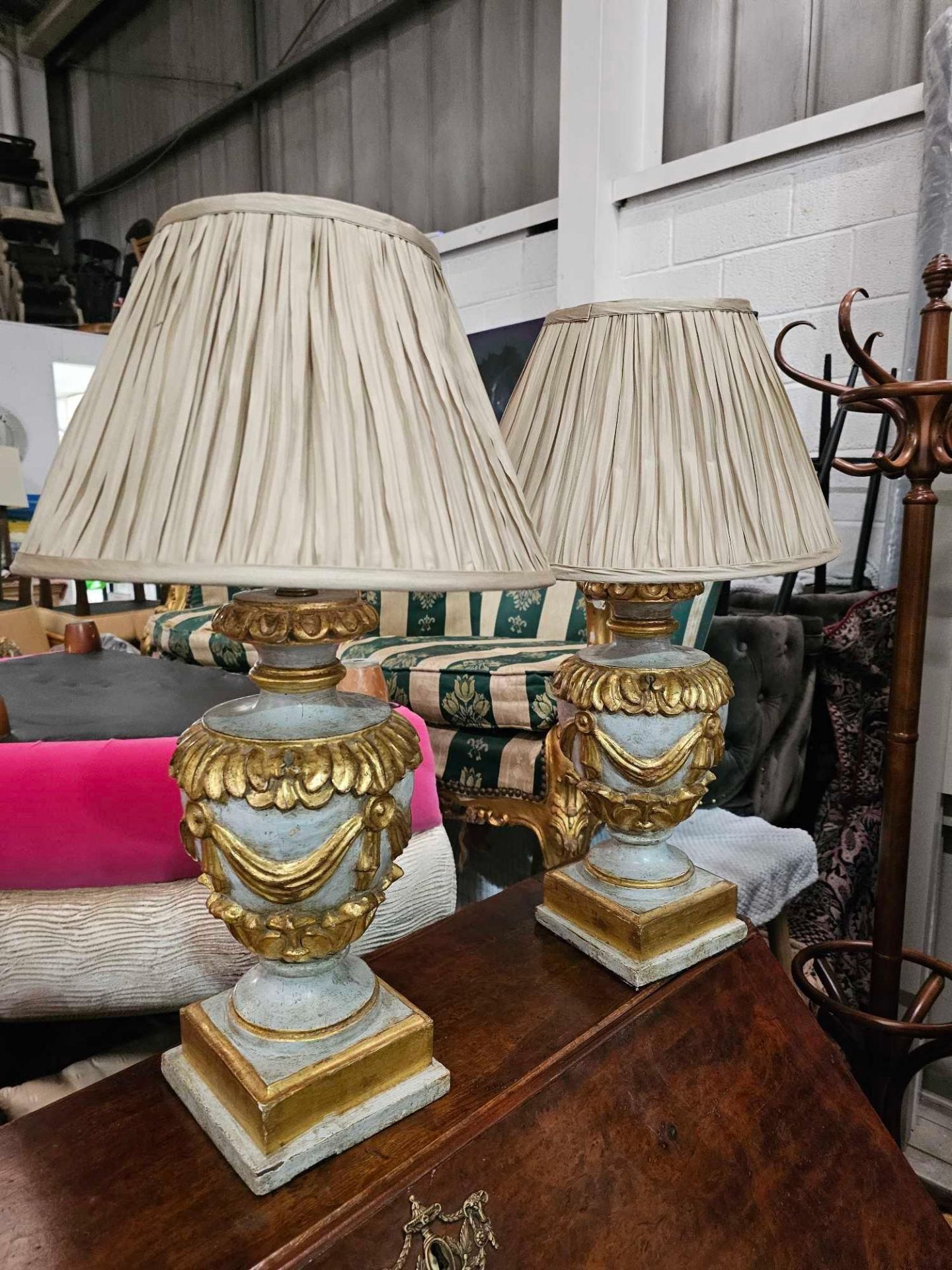 A Pair Of French Styled Carved Wood & Painted Table Lamps C1960's With Shades 62cm Tall