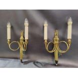 A Pair Of Dore Bronze Dore Twin Arm Wall Sconces, The Scrolling Arms With Trumpet Bobeche Drip