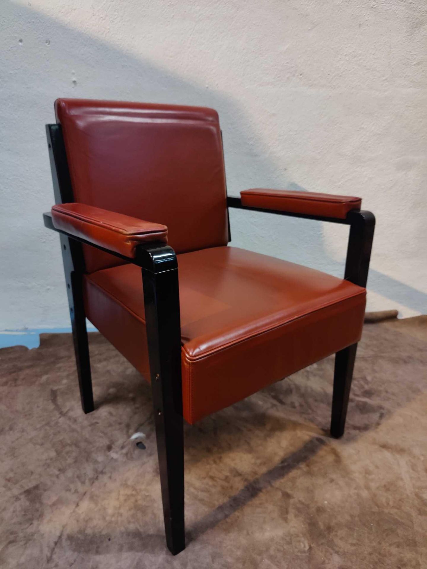 Black Metal Frame Danish Style Red Leather Arm Chair - Image 3 of 3