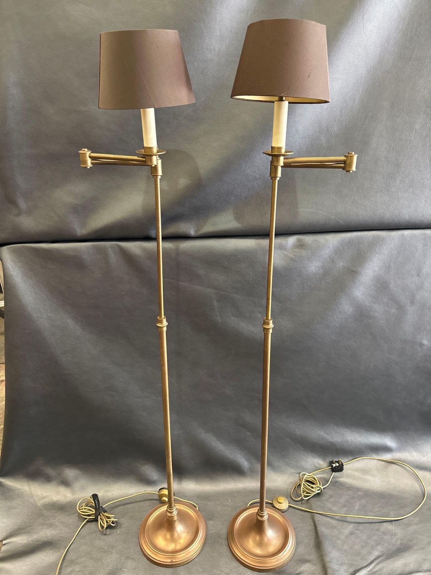 A Pair Library Floor Lamps Finished In English Bronze Swing Arm Function With Shade 156cm - Image 3 of 4