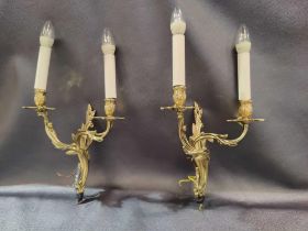 A Pair Of Rococo Style Wall Appliques In Gilt Bronze With Two Candles Agrafe Decor On Which Are