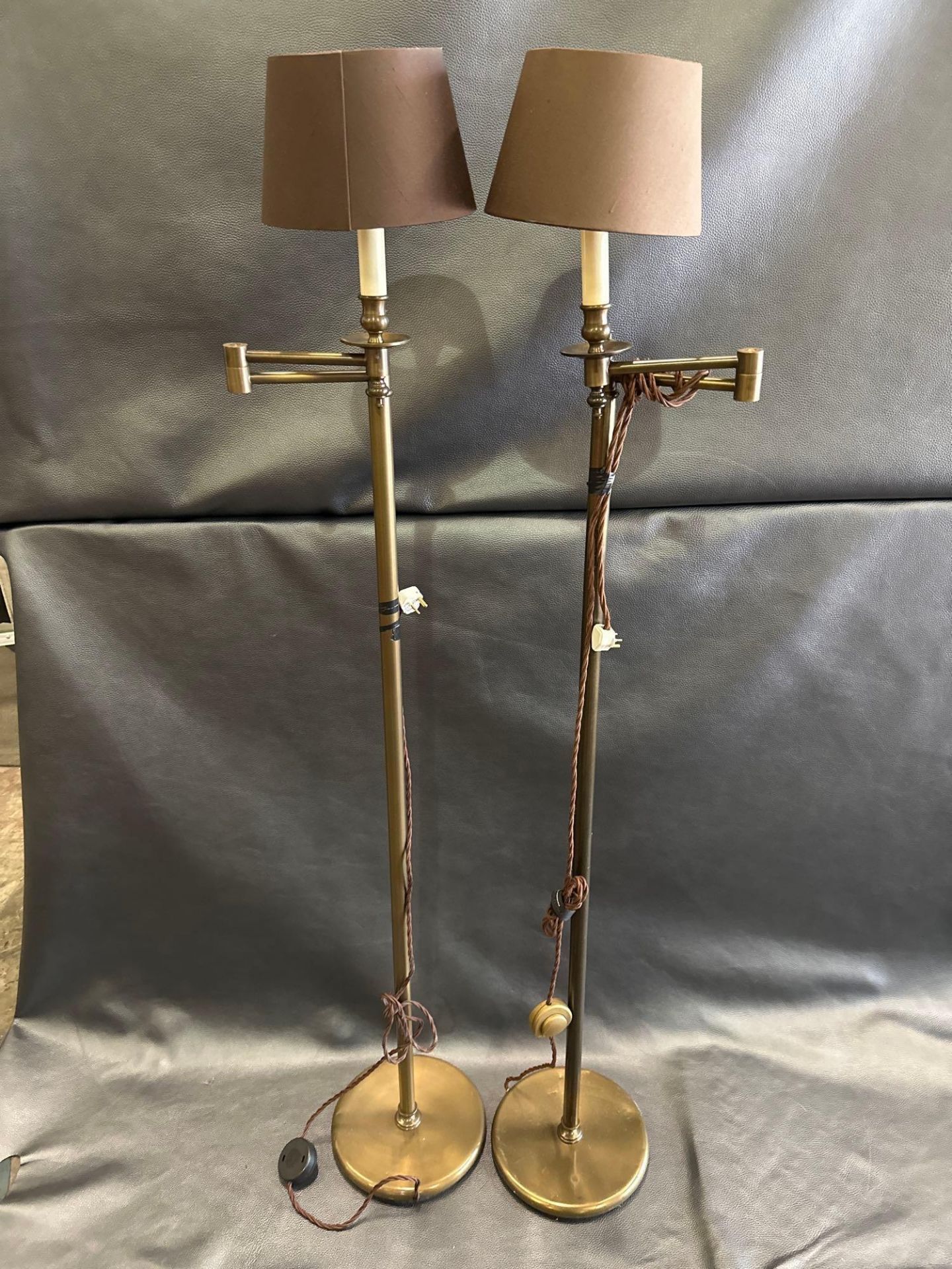 A Pair Library Floor Lamps Finished In English Bronze Swing Arm Function With Shade 156cm - Image 4 of 6