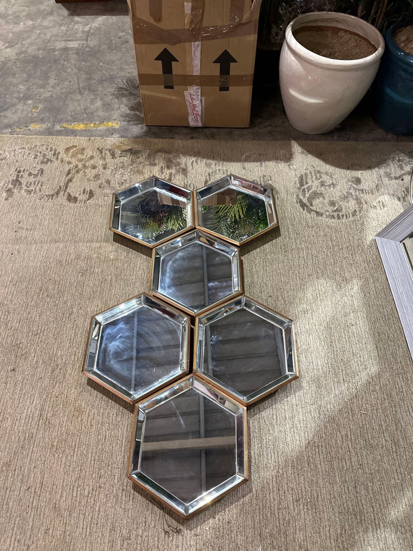 A Set Of Pacific Hexagon Mirrors With Wooden Surrounds. One With Slight Damage To The Edge (Refer To