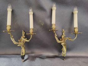 A Pair Of Rococo Style Wall Appliques In Gilt Bronze With Two Candles Agrafe Decor On Which Are