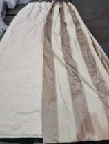 A Pair Of Cream Silk Drapes With Patterned Brown Jabots Striped Edge Trim 260 x 270cm (Dorch 43)
