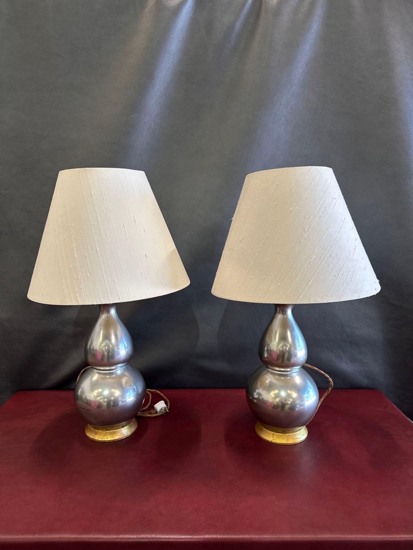 A Pair Of Heathfield And CO Double Gourd Silver Silhouette Table Lamp With Cream Pleated Lamp