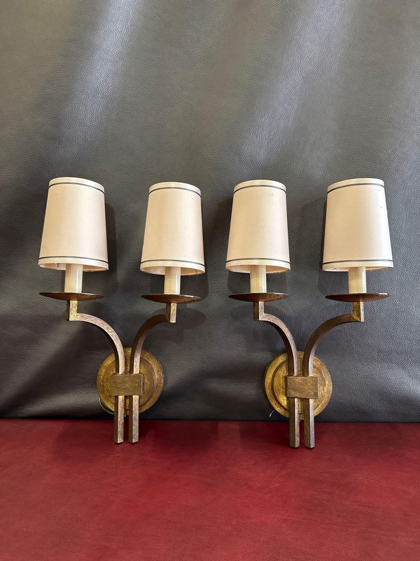 A Pair Of Dernier And Hamlyn Twin Arm Antique Bronzed Wall Sconces With Shade 51cm - Image 5 of 5