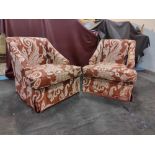 A Pair Of  Dudgeon British Handmade Furniture London Egerton Armchairs Sloping Arms Upholstered In A