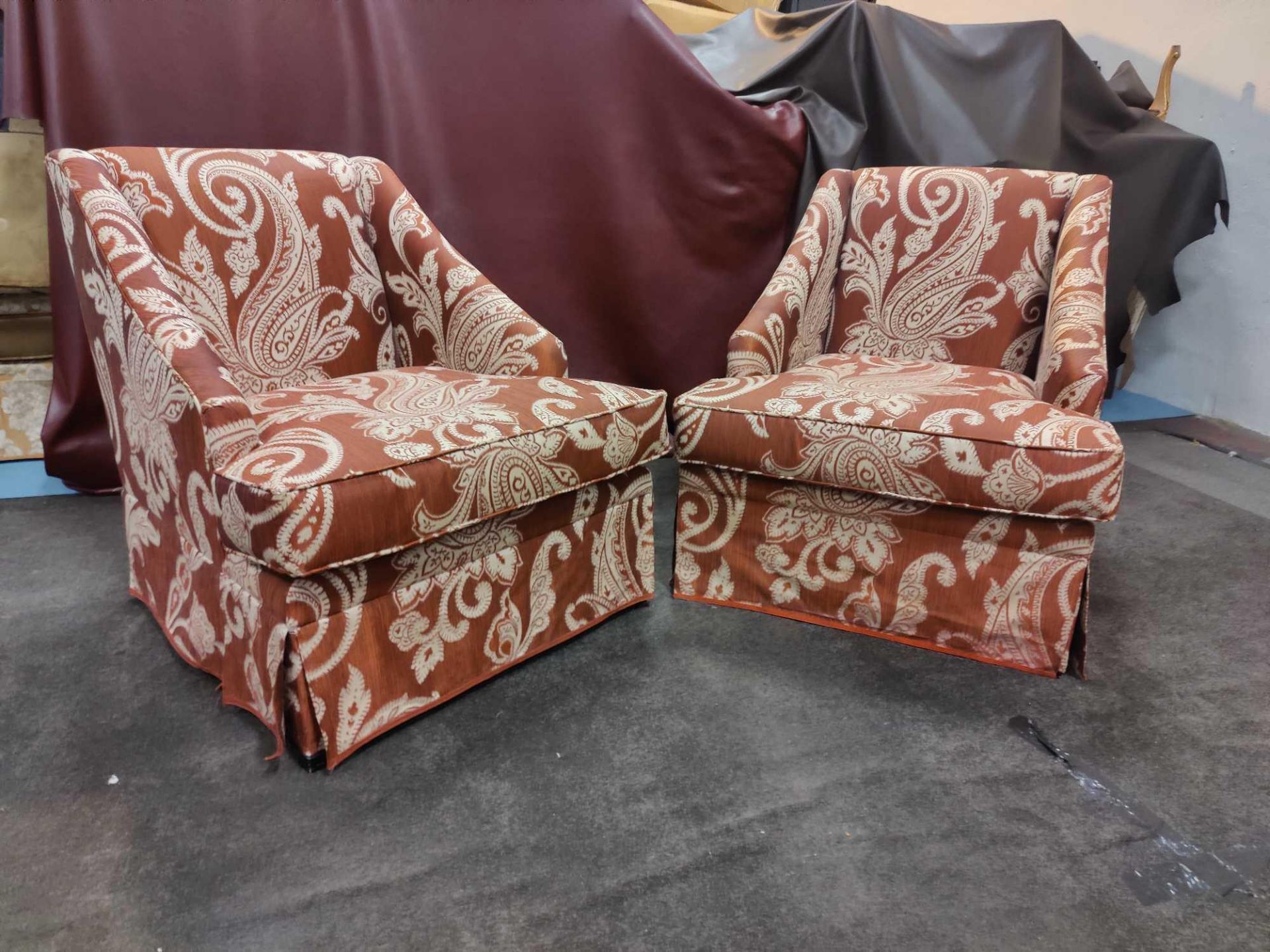 A Pair Of  Dudgeon British Handmade Furniture London Egerton Armchairs Sloping Arms Upholstered In A