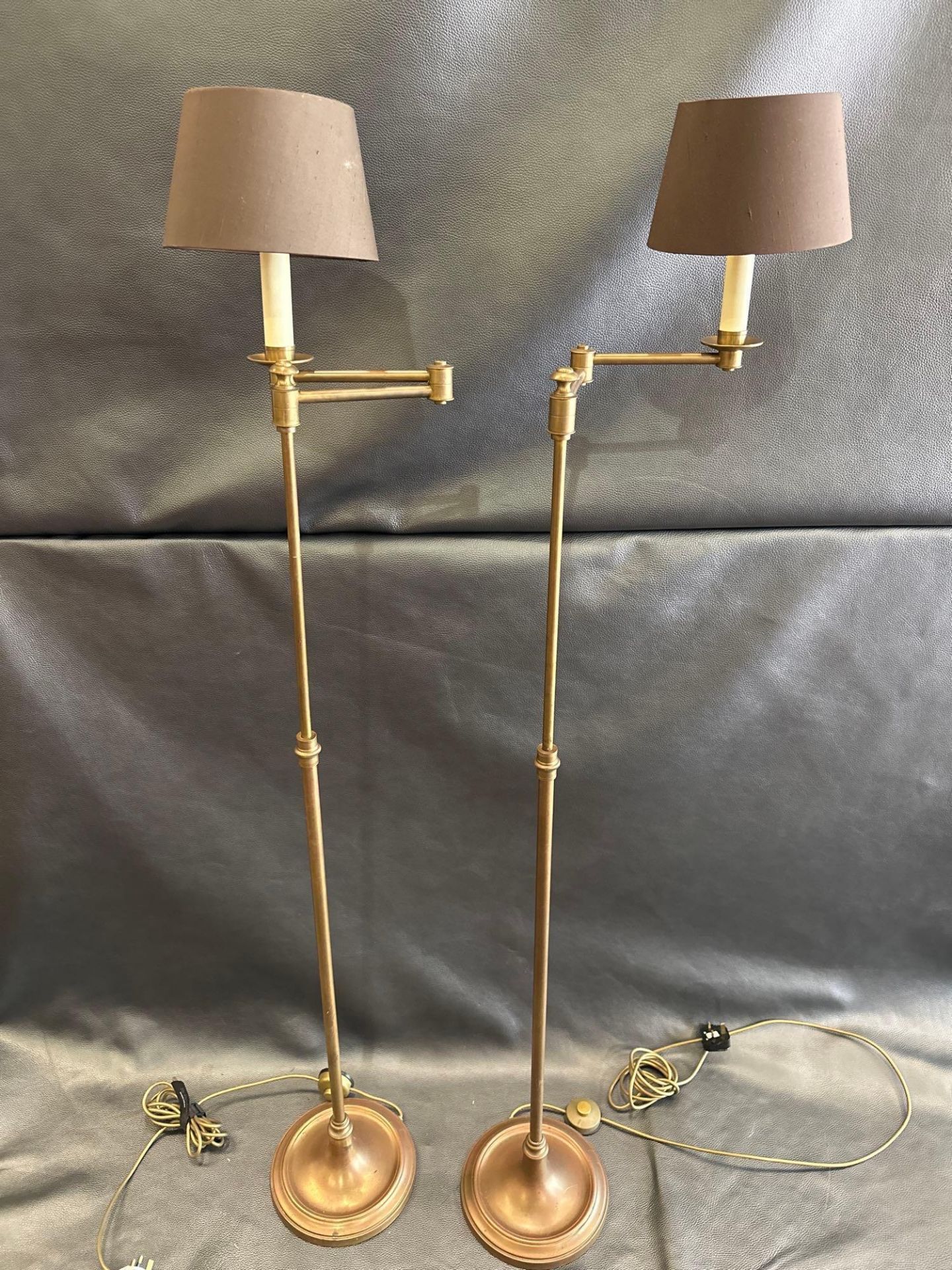 A Pair Library Floor Lamps Finished In English Bronze Swing Arm Function With Shade 156cm - Image 2 of 4